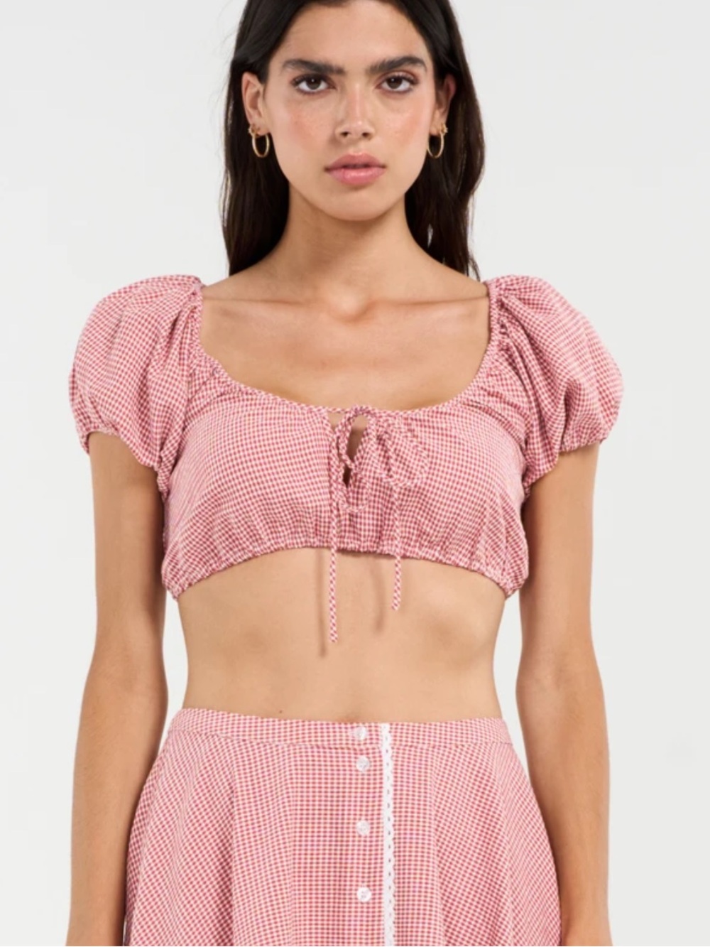 Danielle Guizio Pink Gingham Puff-Sleeve Crop Top